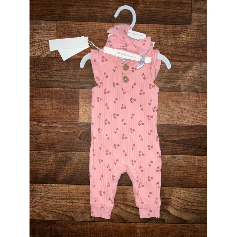 Pink Cherry-Print Baby Romper with Matching Headband